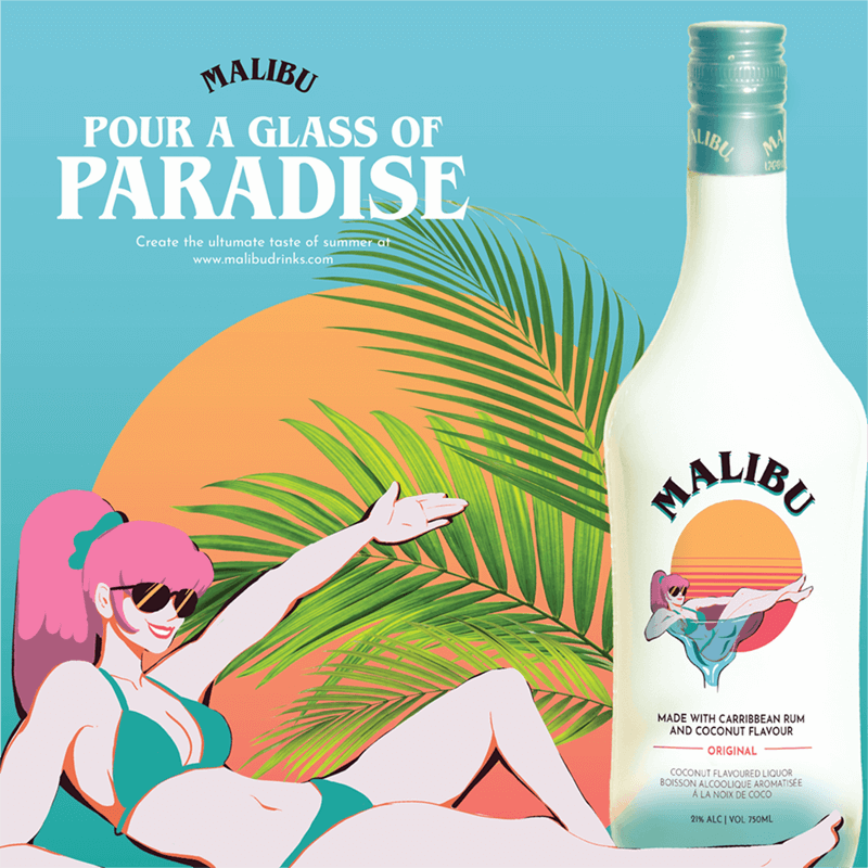 mockup of the back of malibu rum bottle